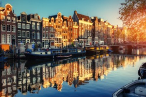 Amsterdam canals at sunset