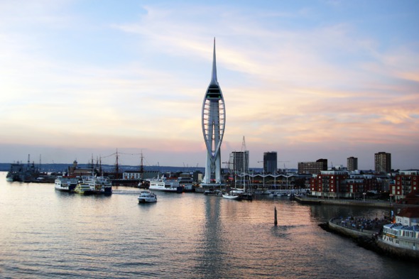 Portsmouth waterfront at sunset